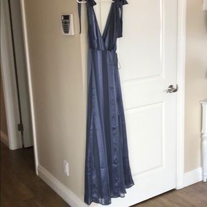 Gorgeous slate blue floor length wrap dress